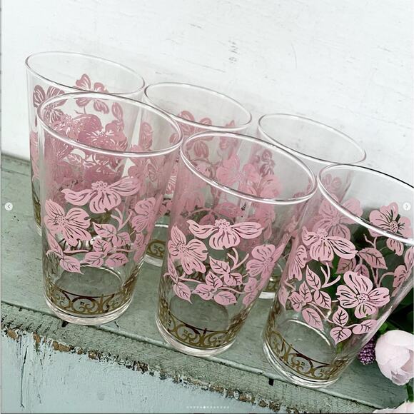 Vintage Federal Glass Tumbler Pink Dogwood Flower MCM Glassware Valentine SET 6 - Picture 6 of 10